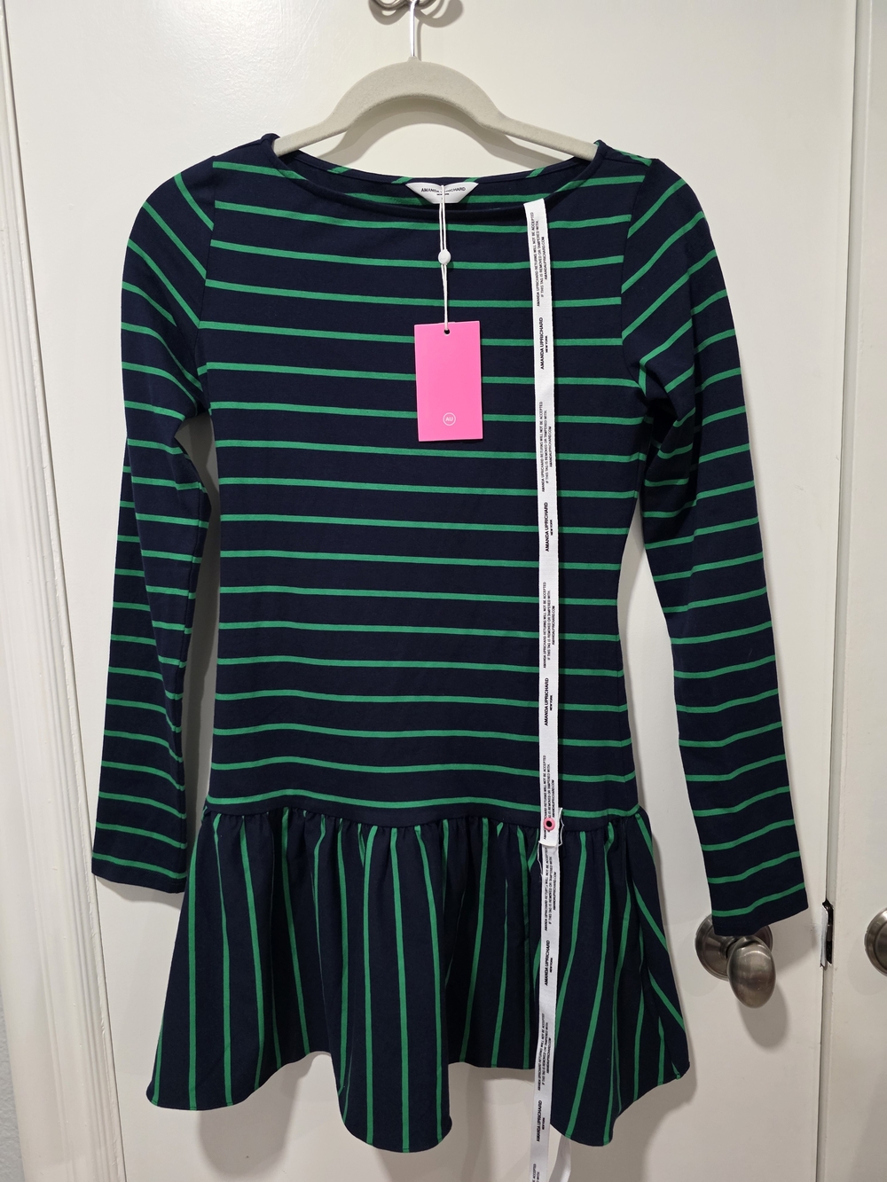 Amanda Uprichard Navy and Green Striped Long-Sleeve Dress